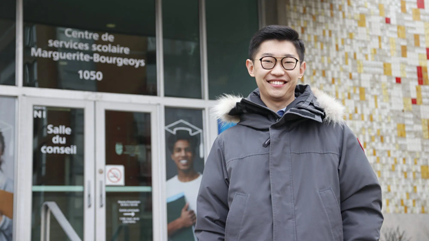 Yu Cai in front of the &ldquo;Centre de services scolaire Marguerite-Bourgeoys&rdquo; in Montreal where he&rsquo;s been a Board member since 2020