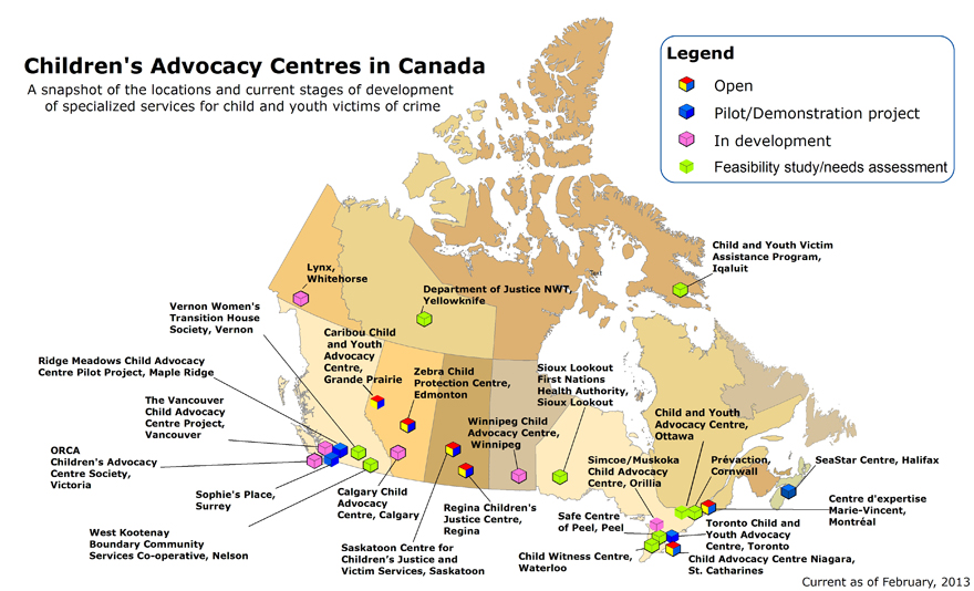 Figure 1: A map of Canada with the location and status of Children's Advocacy Centres in 2012