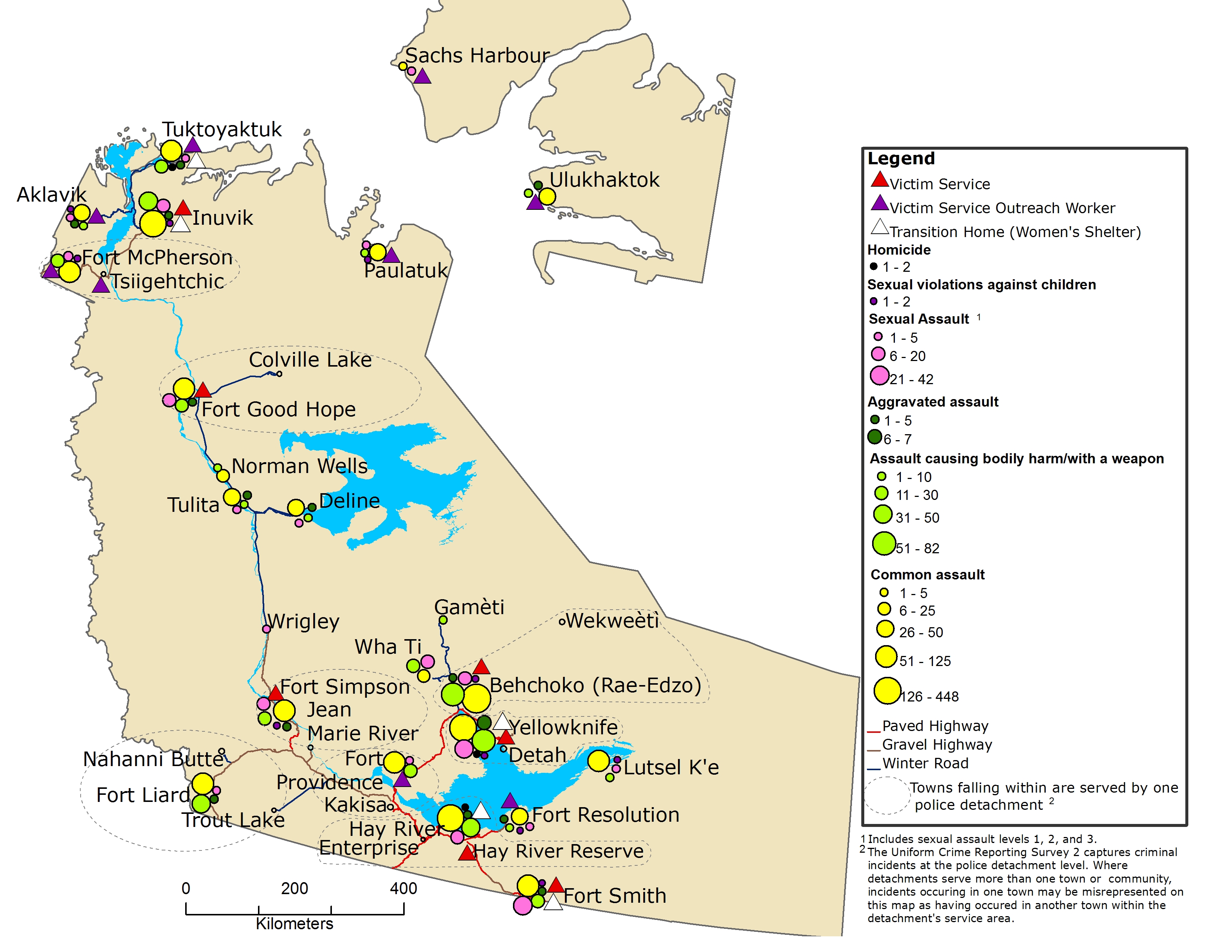 Figure 1: A map of the Northwest Territories illustrating the locations of victim services and transition homes as well as the locations of violent crimes reported to police for the year 2011