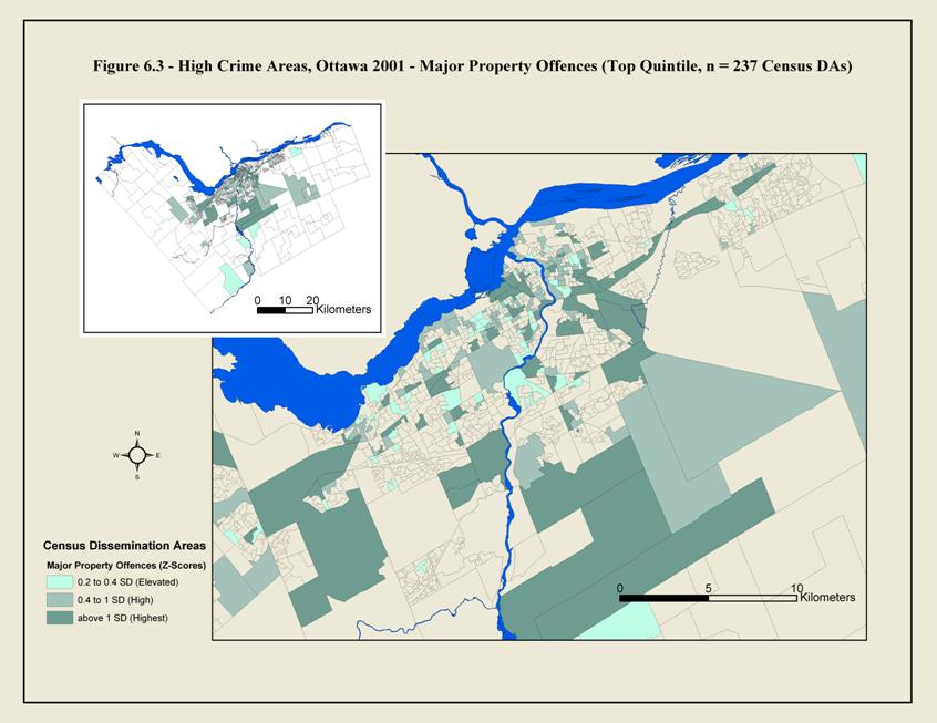 Figure 6.3 This is a map of Ottawa showing the boundaries of census dissemination areas. The shaded areas are those with high major property crime rates in 2001. The crimes include breaking and entering, and theft of expensive items such as motor vehicles. The downtown areas had high major property crimes but some suburban areas too.