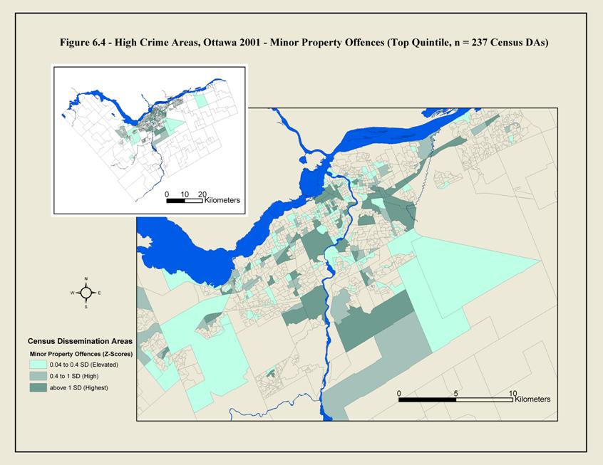 Figure 6.4 This is a map of Ottawa showing the boundaries of census dissemination areas. The shaded areas are those with high minor property crime rates in 2001. These are minor crimes such as shoplifting and fraud. The downtown areas had high major property crimes but some suburban areas too.