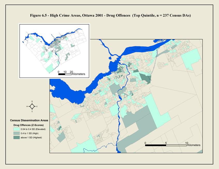 Figure 6.5 This is a map of Ottawa showing the boundaries of census dissemination areas. The shaded areas are those with high drug offence rates in 2001. Drug offences concentrated mostly near the downtown areas.