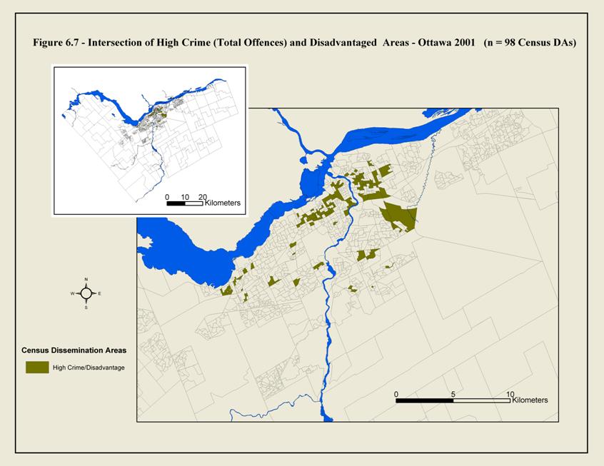 Figure 6.7 This is a map of Ottawa showing the boundaries of census dissemination areas. The coloured areas are those that have both high overall crime rates and low income. They concentrate in a band south of downtown.