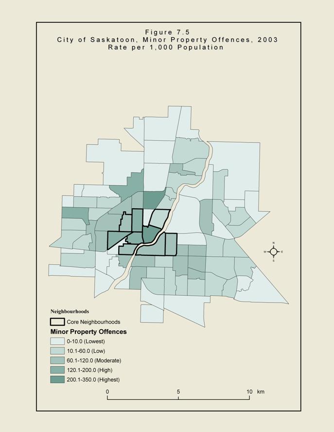 Figure 7.5 The is a map of Saskatoon showing the neighbourhoods of the city. The shaded areas are those that have high minor property crime rates in 2003. These are minor crimes such as shoplifting and fraud. The highest concentration was near downtown and to the north.