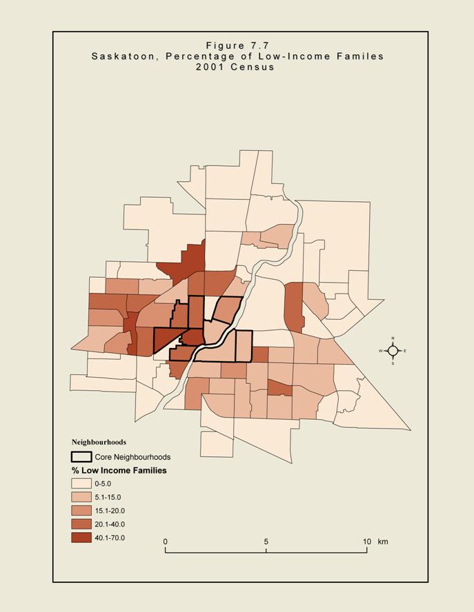 Figure 7.7 The is a map of Saskatoon showing the neighbourhoods of the city. The shaded areas are those that have a high proportion of low income families in 2001. They concentrate mostly near downtown but also a few scattered areas outside.
