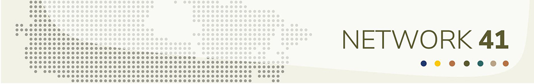 Network 41’s stylized banner: a map of Canada composed of evenly spaced gray dots on a light background. Each dot represents a community. To the right, the text ‘NETWORK 41’ appears in olive green. Below the text are seven small colored dots representing Part VII of the Official Languages Act. The colors from left to right are navy blue, mustard, ochre, olive green, turquoise, beige and ochre.
