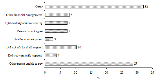 Figure 4.6&nbsp;Distribution of children aged 4-15 years in 1998-99, whose parents separated in the previous two years, according to the reason why no agreement was made on child support payments, NLSCY, Cycle 3 (N=270)
