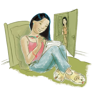 Pearl in her bedroom writing in the diary her sister Daisy gave her for her birthday