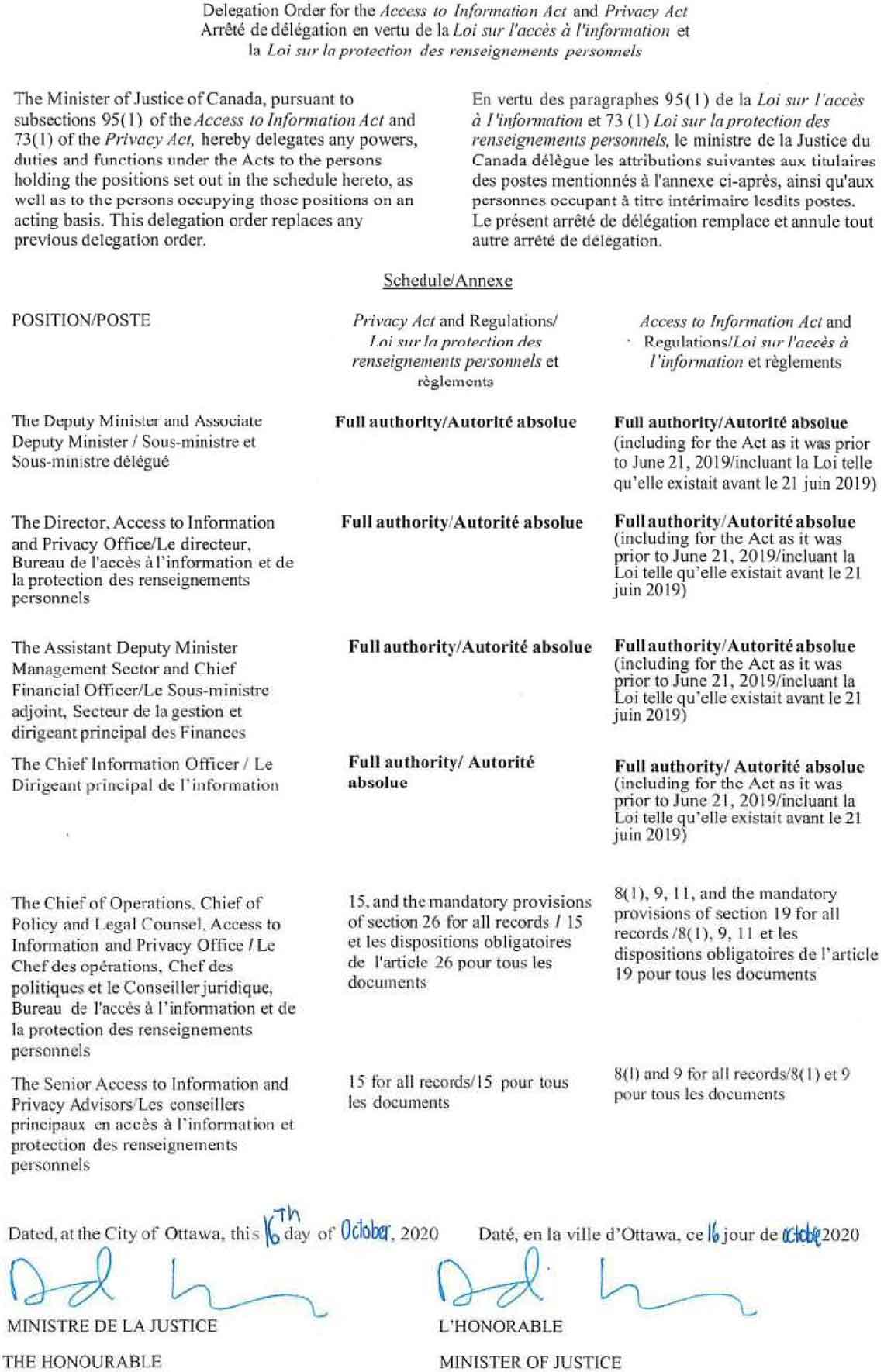 Annexe A &ndash; Arrêté de délégation