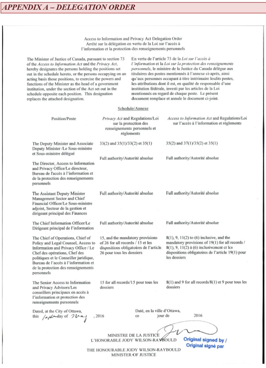 Access to Information Act and Privacy Act Delegation Order described below