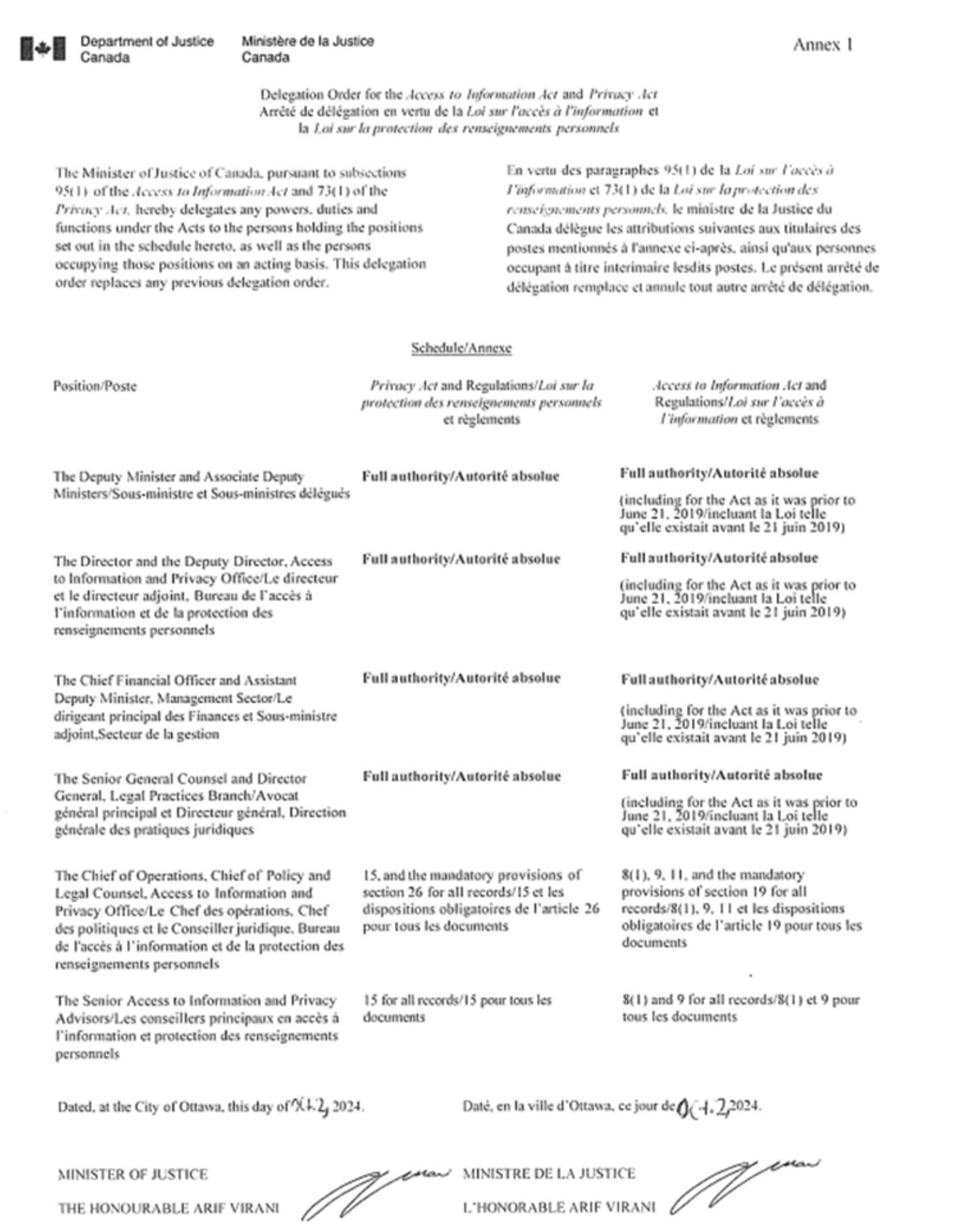 Annex A – Delegation order