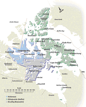 Carte des collectivités et des régions du Nunavut