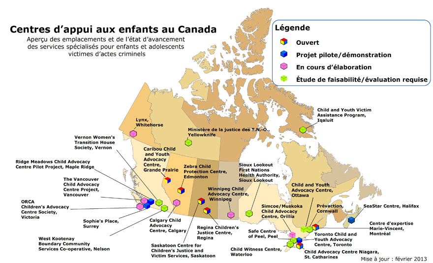 Figure 1 : Une carte du Canada illustrant l’emplacement et la situation des Centres d’appui aux enfants au Canada en 2012