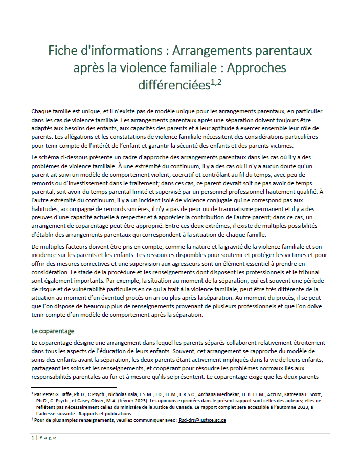Supplément 1&nbsp;: Arrangements parentaux après la violence familiale&nbsp;: Approches différenciées