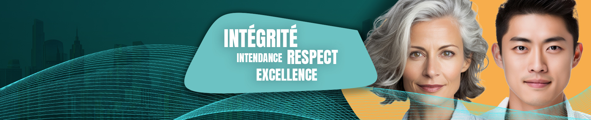 Bannière graphique avec un fond vert sarcelle et jaune, affichant les mots « intégrité, intendance, respect, excellence »