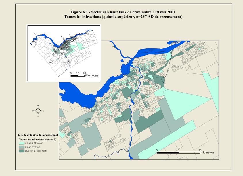Figure 6.1 - Carte de la ville d&rsquo;Ottawa illustrant les limites des r&eacute;gions de diffusion du recensement. Les zones ombr&eacute;es montrent les secteurs o&ugrave; le taux de crimes g&eacute;n&eacute;raux &eacute;tait &eacute;lev&eacute; en 2001. Le taux de crimes g&eacute;n&eacute;raux &eacute;tait &eacute;lev&eacute; au centre-ville, de m&ecirc;me que dans certaines banlieues.