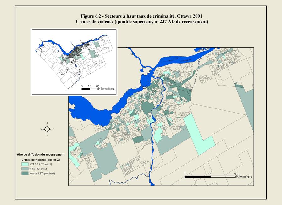 Fig. 6.2 - secteurs  &agrave; haut taux de criminalit&eacute;, Ottawa 2001, Crimes de violence