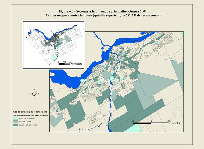 Figure 6.3 - Carte de la ville d&rsquo;Ottawa illustrant les limites des secteurs de diffusion du recensement. Les zones ombr&eacute;es montrent les secteurs o&ugrave; le taux de crimes majeurs contre les biens &eacute;tait &eacute;lev&eacute; en 2001. Ces crimes comprenaient l&rsquo;introduction par effraction et le vol d&rsquo;objets de valeur tels que des v&eacute;hicules motoris&eacute;s. Le taux de crimes majeurs contre les biens &eacute;tait &eacute;lev&eacute; au centre-ville, de m&ecirc;me que dans certaines banlieues.