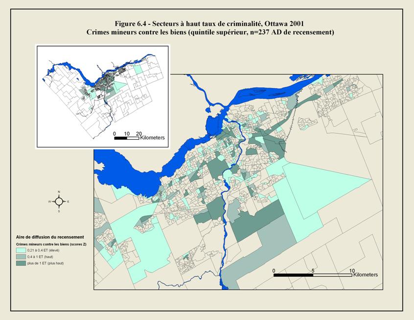 Figure 6.4 - Carte de la ville d&rsquo;Ottawa illustrant les limites des secteurs de diffusion du recensement. Les zones ombr&eacute;es montrent les secteurs o&ugrave; le taux de crimes mineurs contre les biens &eacute;tait &eacute;lev&eacute; en 2001. Ces crimes comprenaient le vol &agrave; l&rsquo;&eacute;talage et la fraude. Le taux de crimes mineurs contre les biens &eacute;tait &eacute;lev&eacute; au centre-ville, de m&ecirc;me que dans certaines banlieues.