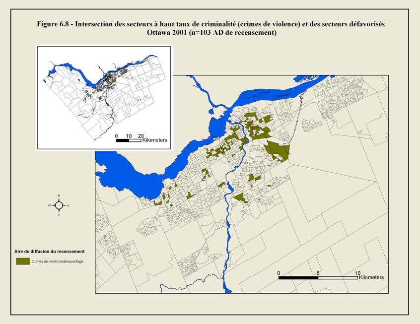 Fig. 6.8 - Intersection des secteurs &agrave; haut taux de criminalit&eacute; (crimes de violence) et des secteurs d&eacute;favori&eacute;s Ottawa 2001