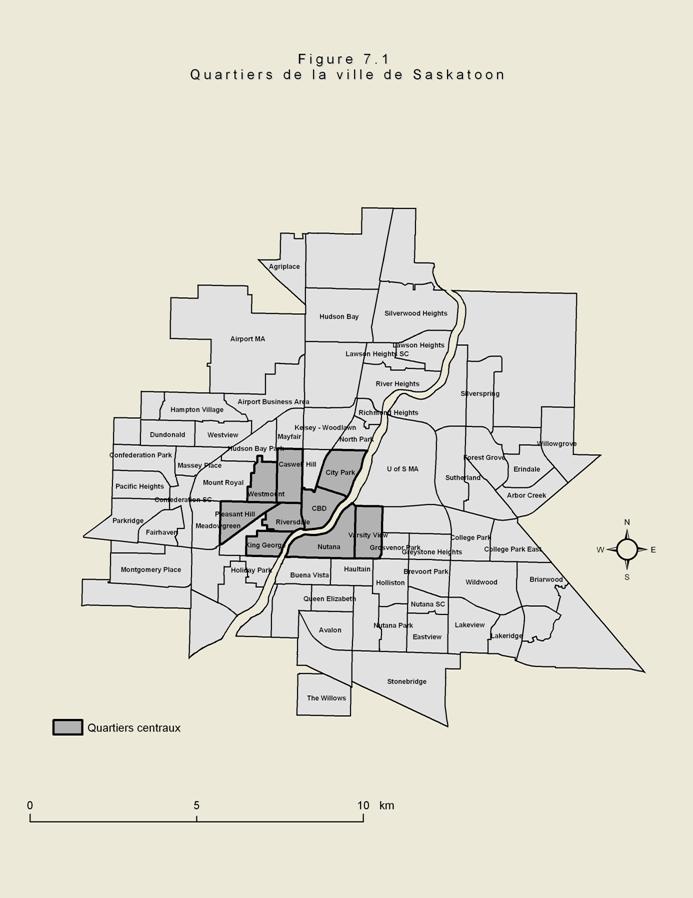Figure 7.1 - Carte de la ville de Saskatoon illustrant les limites des diff&eacute;rents quartiers de la ville.
