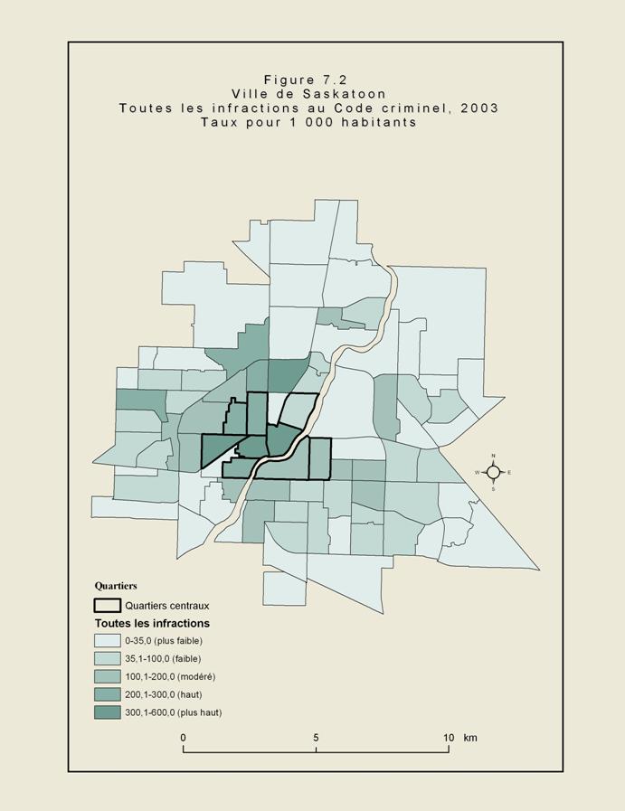 Figure 7.2 - Carte de la ville de Saskatoon illustrant les quartiers de la ville. Les zones ombr&eacute;es montrent les secteurs o&ugrave; le nombre d&rsquo;infractions au Code criminel &eacute;tait &eacute;lev&eacute; en 2003. Ces secteurs se situaient surtout pr&egrave;s du centre-ville.
