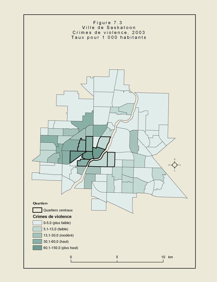 Figure 7.3 - Carte de la ville de Saskatoon illustrant les quartiers de la ville. Les zones ombr&eacute;es montrent les secteurs o&ugrave; le taux de crimes avec violence &eacute;tait &eacute;lev&eacute; en 2003. Les secteurs ayant le taux le plus &eacute;lev&eacute; se situaient surtout pr&egrave;s du centre-ville et un peu &agrave; l&rsquo;ouest et au nord.