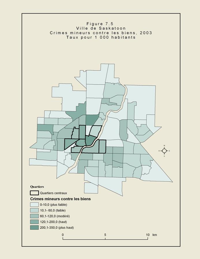 Figure 7.5 - Carte de la ville de Saskatoon illustrant les quartiers de la ville. Les zones ombr&eacute;es montrent les secteurs o&ugrave; le taux de crimes mineurs contre les biens &eacute;tait &eacute;lev&eacute; en 2003. Les crimes comprenaient le vol &agrave; l&rsquo;&eacute;talage et la fraude. Les secteurs ayant le taux le plus &eacute;lev&eacute; se situaient pr&egrave;s du centre-ville et vers le nord.