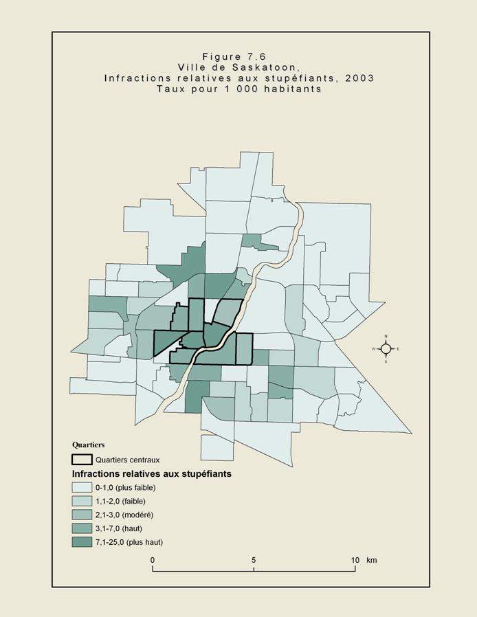Figure 7.6 - Carte de la ville de Saskatoon illustrant les quartiers de la ville. Les zones ombr&eacute;es montrent les secteurs o&ugrave; le nombre d&rsquo;infractions en mati&egrave;re de drogue &eacute;tait &eacute;lev&eacute; en 2003. Les secteurs ayant le nombre d&rsquo;infractions le plus &eacute;lev&eacute; en mati&egrave;re de drogue se situaient dans une zone restreinte de 3 quartiers au centre-ville. &Agrave; deux ou 3 km du centre-ville, 3 autres quartiers comptaient le m&ecirc;me nombre d&rsquo;infractions en mati&egrave;re de drogue.