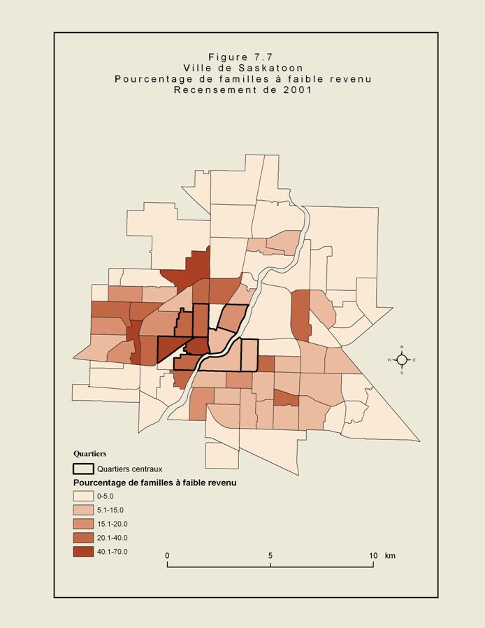 Figure 7.7 - Carte de la ville de Saskatoon illustrant les quartiers de la ville. Les zones ombr&eacute;es montrent les secteurs o&ugrave; les familles avaient un faible revenu en 2001. Ces secteurs se situaient surtout pr&egrave;s du centre-ville, mais aussi un peu partout autour.