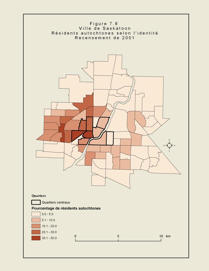 Figure 7.8 - Carte de la ville de Saskatoon illustrant les quartiers de la ville. Les zones ombr&eacute;es montrent les secteurs o&ugrave; il y avait une forte proportion d&rsquo;Autochtones en 2001. Ces secteurs se situaient surtout pr&egrave;s du centre-ville ainsi qu&rsquo;au nord et &agrave; l&rsquo;ouest.