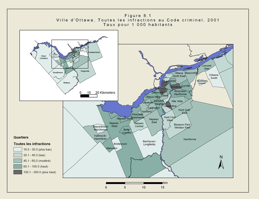 Figure 8.1 - Carte de la ville d&rsquo;Ottawa illustrant les quartiers de la ville. Les zones ombr&eacute;es montrent les secteurs o&ugrave; le taux de crimes g&eacute;n&eacute;raux &eacute;tait &eacute;lev&eacute; en 2001. Ces secteurs se situaient surtout pr&egrave;s du centre-ville et vers l&rsquo;est.