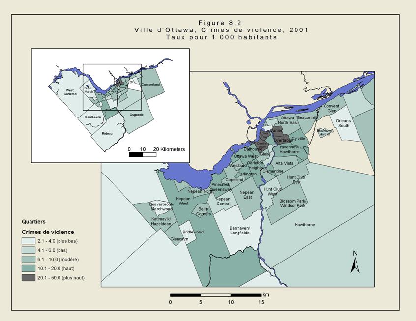 Figure 8.2 - Carte de la ville d&rsquo;Ottawa illustrant les quartiers de la ville. Les zones ombr&eacute;es montrent les secteurs o&ugrave; le taux de crimes avec violence &eacute;tait &eacute;lev&eacute; en 2001. Ces secteurs se situaient surtout pr&egrave;s du centre-ville et vers l&rsquo;est.