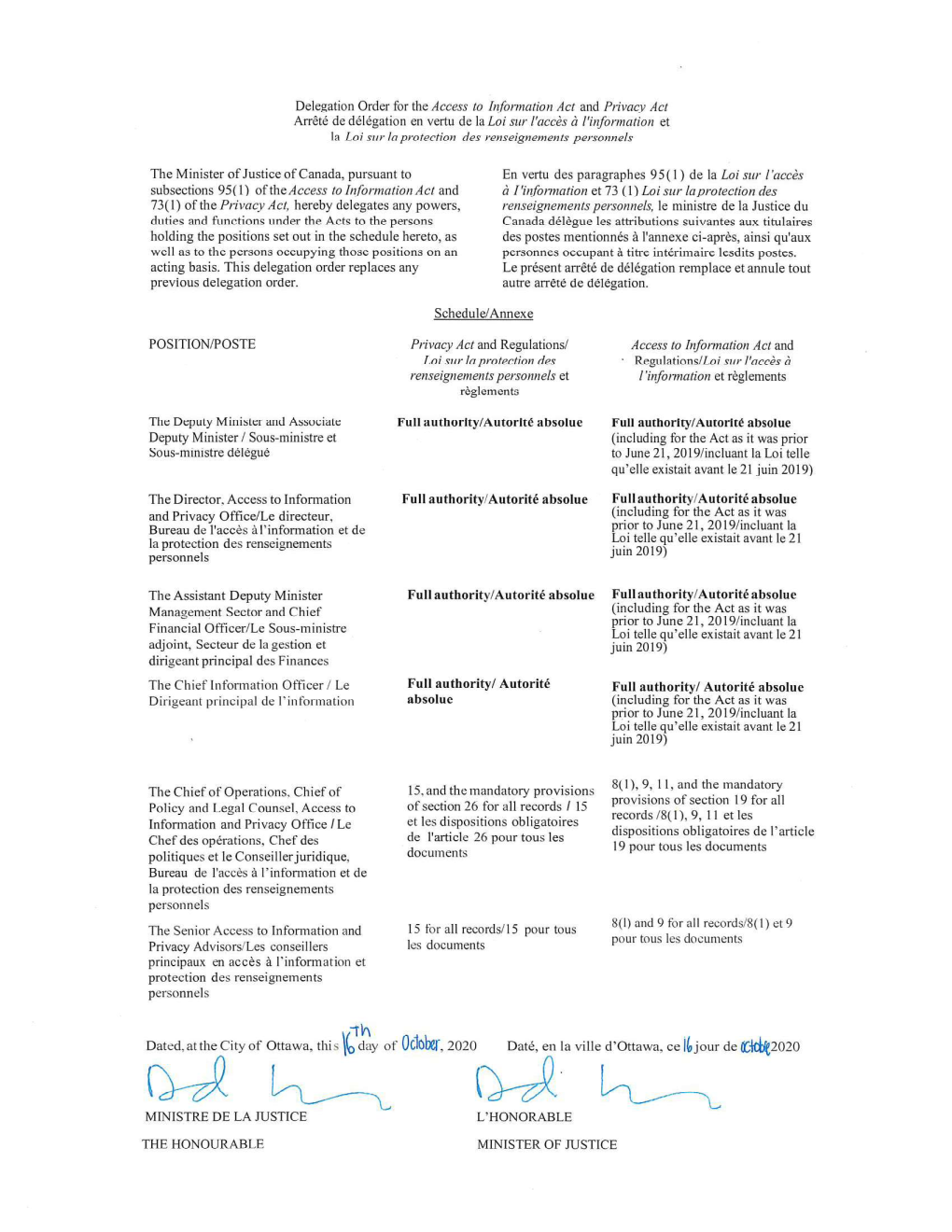 Annexe A &ndash; Ordonnance de délégation de pouvoirs